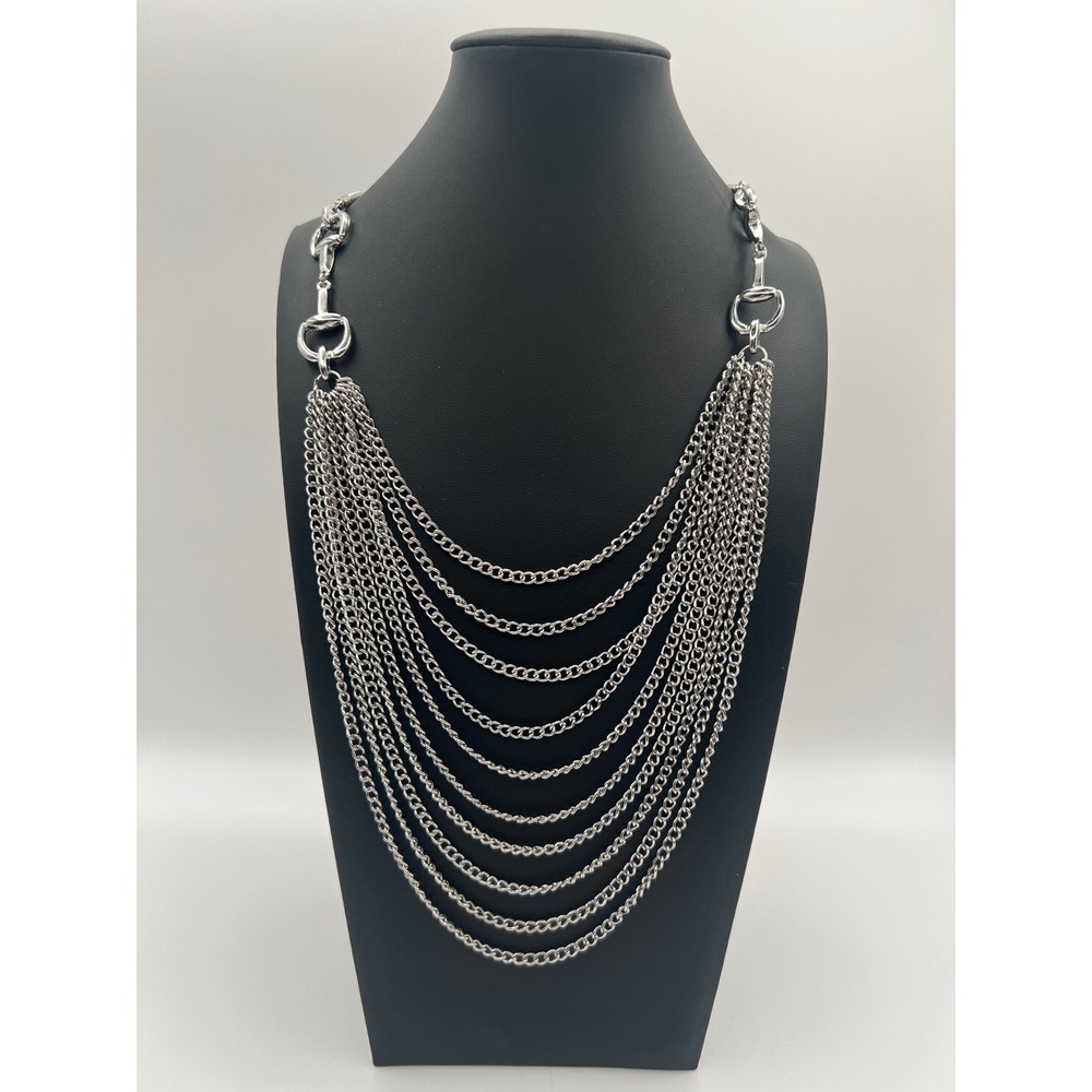 Punch Womens Multi Strand Bib Necklace Silver Tone Horsebit Layered Chain New